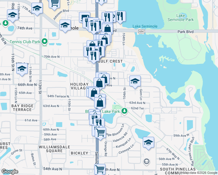 map of restaurants, bars, coffee shops, grocery stores, and more near 6640 105th Lane North in Seminole