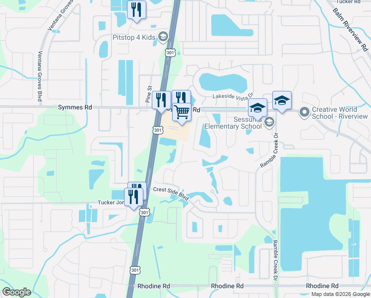 map of restaurants, bars, coffee shops, grocery stores, and more near 11510 Peru Springs Place in Riverview