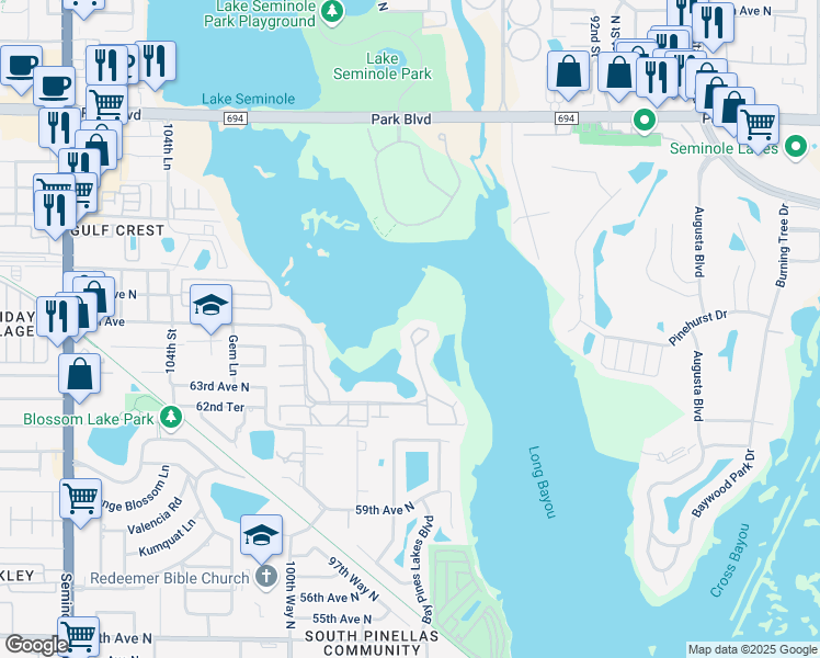 map of restaurants, bars, coffee shops, grocery stores, and more near 6495 Shoreline Drive in St. Petersburg