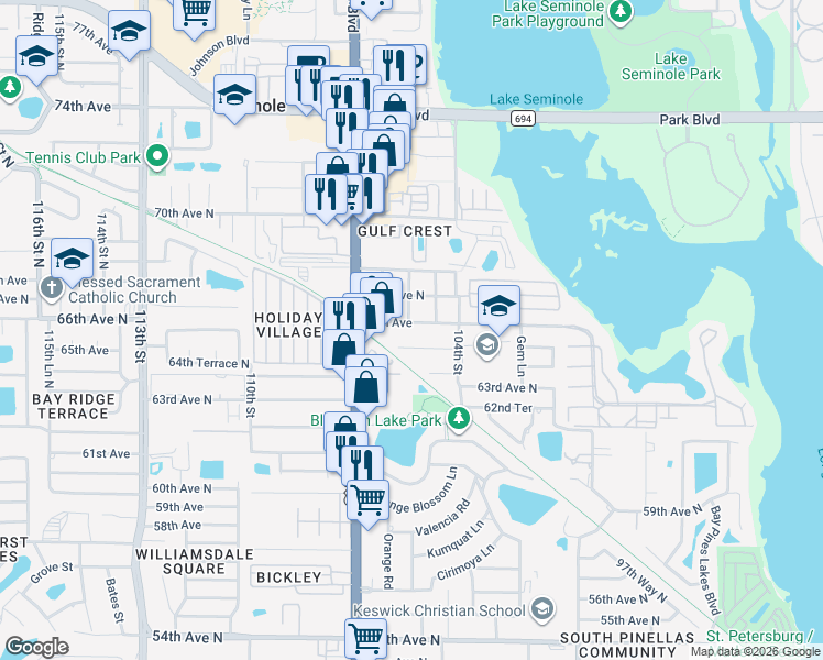 map of restaurants, bars, coffee shops, grocery stores, and more near 6640 105th Lane North in Seminole