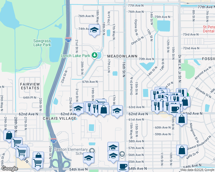 map of restaurants, bars, coffee shops, grocery stores, and more near 6701 17th Lane North in St. Petersburg