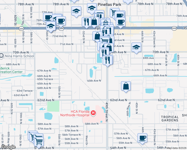 map of restaurants, bars, coffee shops, grocery stores, and more near 6660 50th Street North in Pinellas Park