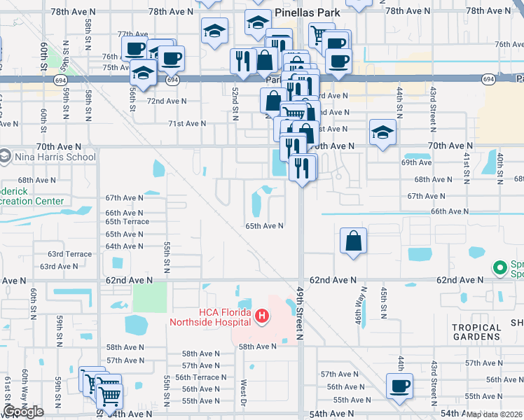 map of restaurants, bars, coffee shops, grocery stores, and more near 6660 50th Street North in Pinellas Park