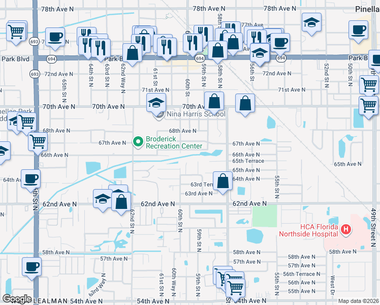 map of restaurants, bars, coffee shops, grocery stores, and more near 5991 66th Terrace in Pinellas Park