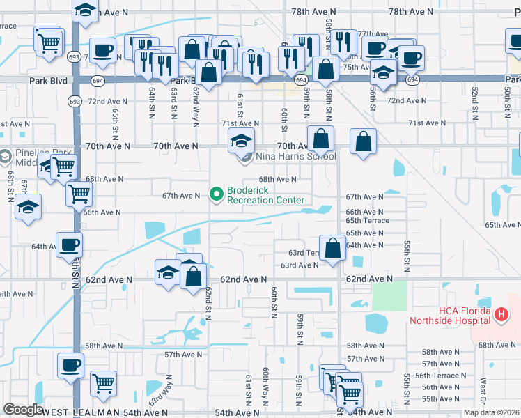 map of restaurants, bars, coffee shops, grocery stores, and more near 6059 66th Terrace in Pinellas Park