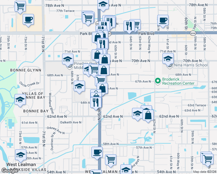 map of restaurants, bars, coffee shops, grocery stores, and more near 6520 67th Avenue North in Pinellas Park