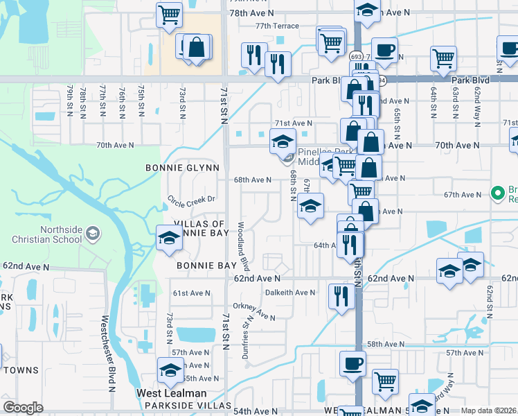 map of restaurants, bars, coffee shops, grocery stores, and more near 6914 Cedar Ridge Drive in Pinellas Park