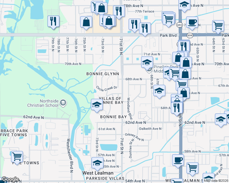 map of restaurants, bars, coffee shops, grocery stores, and more near 6717 Bonnie Bay Circle North in Pinellas Park