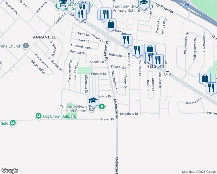 map of restaurants, bars, coffee shops, grocery stores, and more near 10502 Bandera Drive in Corpus Christi