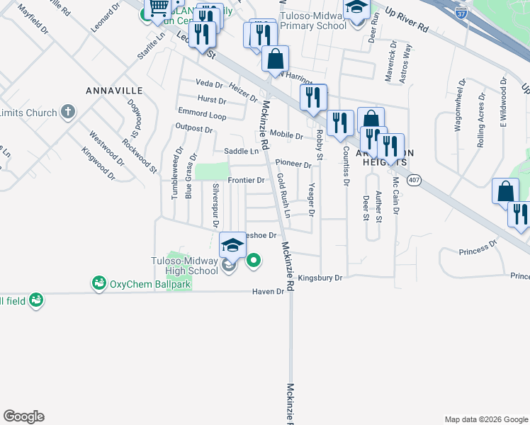 map of restaurants, bars, coffee shops, grocery stores, and more near 10502 Bandera Drive in Corpus Christi