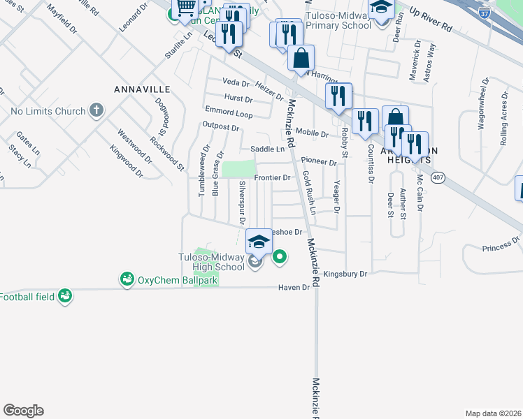 map of restaurants, bars, coffee shops, grocery stores, and more near 10530 Bandera Drive in Corpus Christi