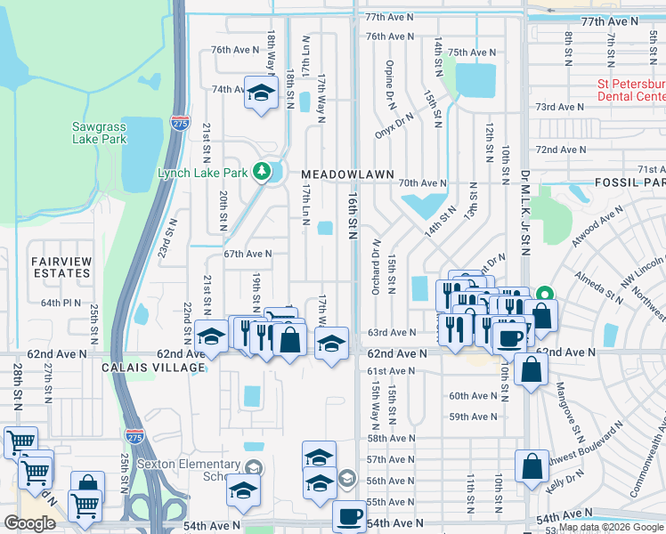 map of restaurants, bars, coffee shops, grocery stores, and more near 6700 17th Street North in St. Petersburg