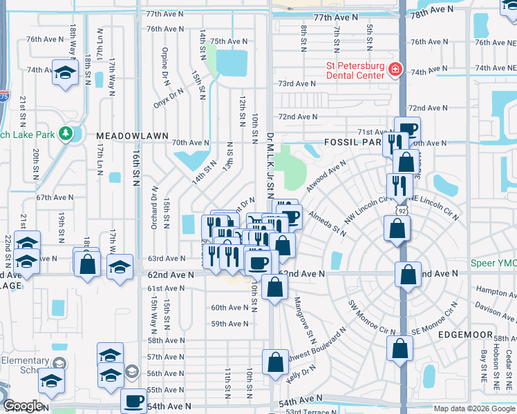 map of restaurants, bars, coffee shops, grocery stores, and more near 6535 10th Street North in St. Petersburg