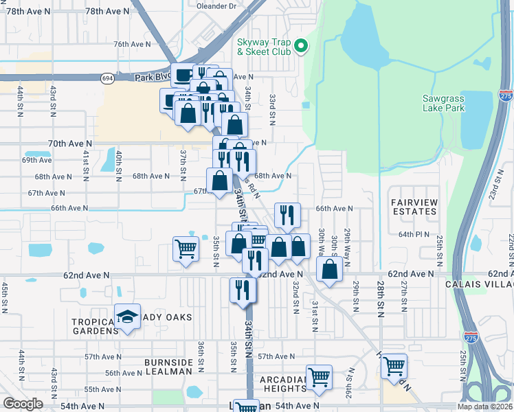 map of restaurants, bars, coffee shops, grocery stores, and more near 6617-6649 Haines Road North in St. Petersburg
