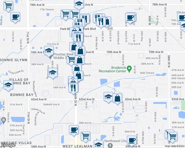 map of restaurants, bars, coffee shops, grocery stores, and more near 6471 66th Avenue North in Pinellas Park