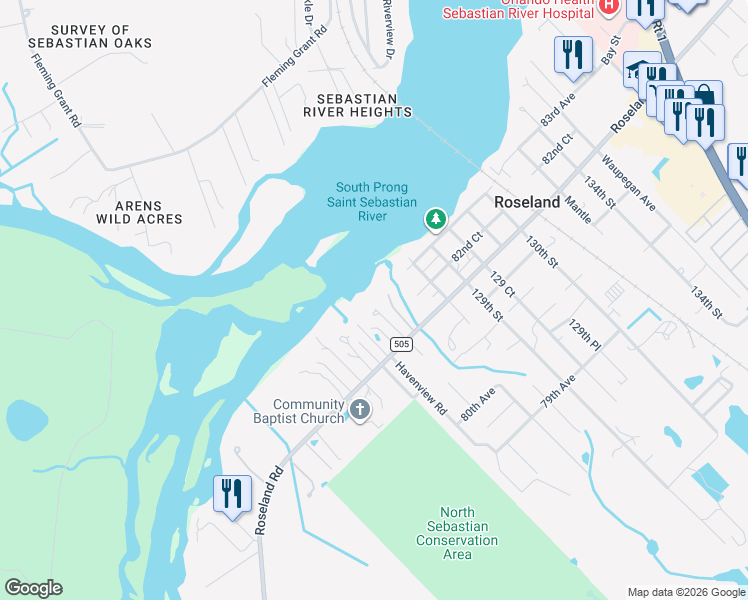 map of restaurants, bars, coffee shops, grocery stores, and more near 12779 Roseland Road in Sebastian