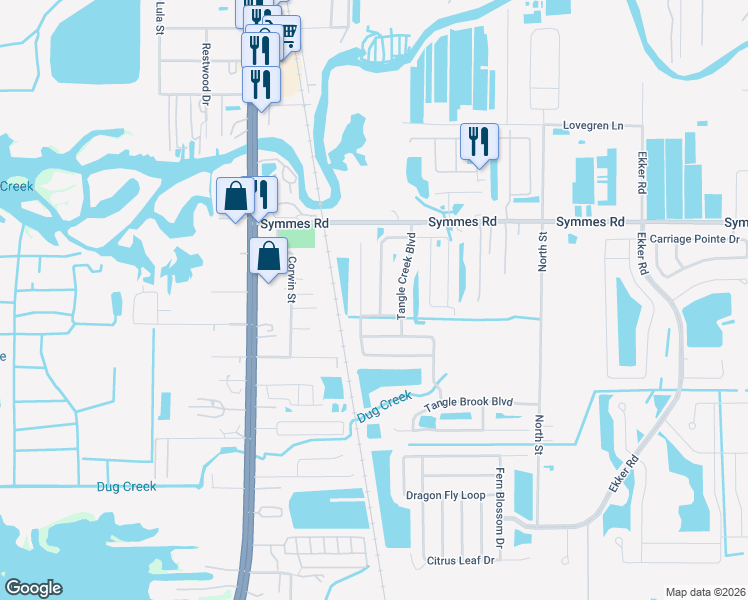 map of restaurants, bars, coffee shops, grocery stores, and more near 11532 Tangle Stone Drive in Gibsonton