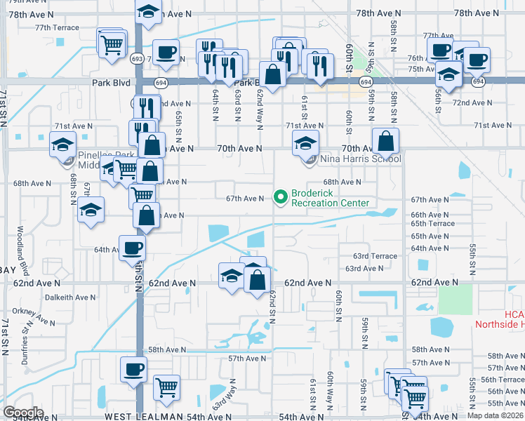 map of restaurants, bars, coffee shops, grocery stores, and more near 6660 62nd Street North in Pinellas Park