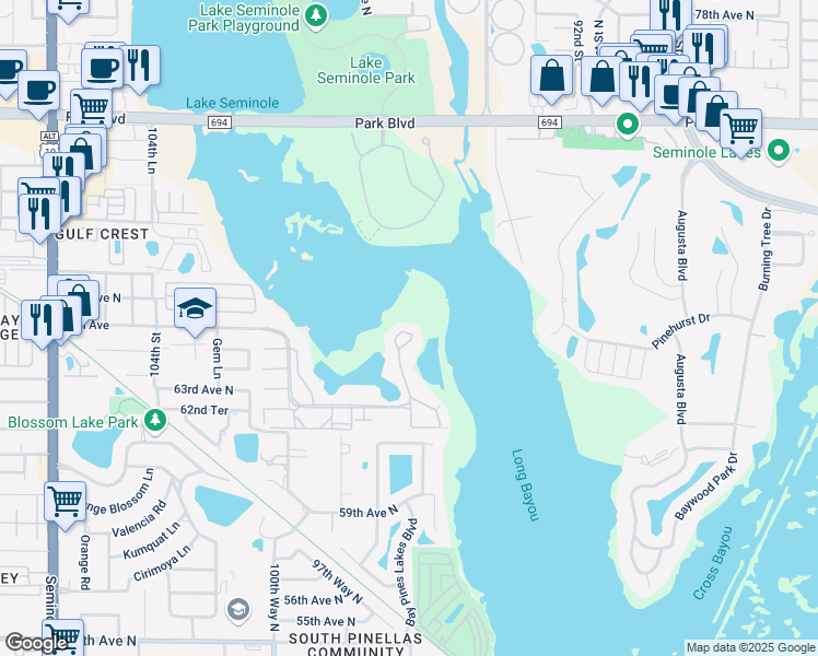 map of restaurants, bars, coffee shops, grocery stores, and more near 6550 Shoreline Drive in St. Petersburg