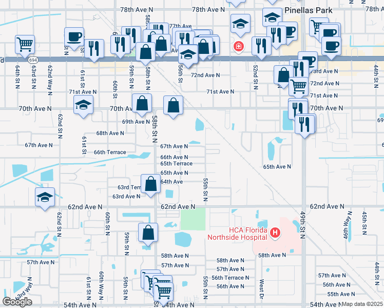 map of restaurants, bars, coffee shops, grocery stores, and more near 5590 67th Avenue North in Pinellas Park