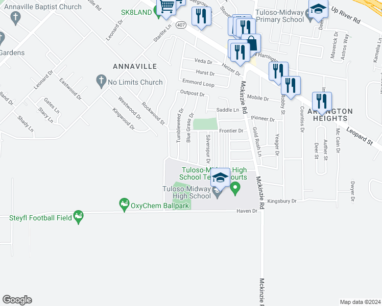 map of restaurants, bars, coffee shops, grocery stores, and more near 2714 Blue Grass Drive in Corpus Christi