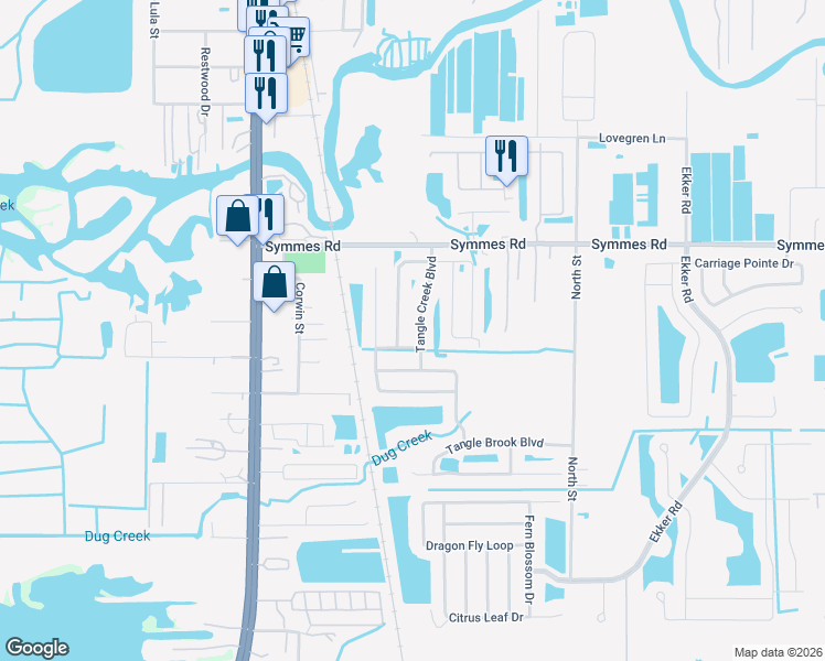 map of restaurants, bars, coffee shops, grocery stores, and more near 11539 Tangle Creek Boulevard in Gibsonton