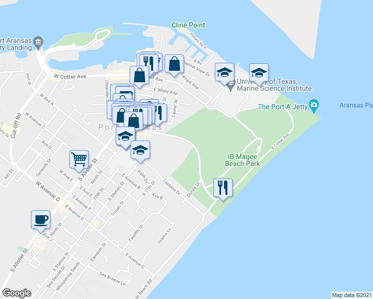 map of restaurants, bars, coffee shops, grocery stores, and more near 720 Beach Street in Port Aransas