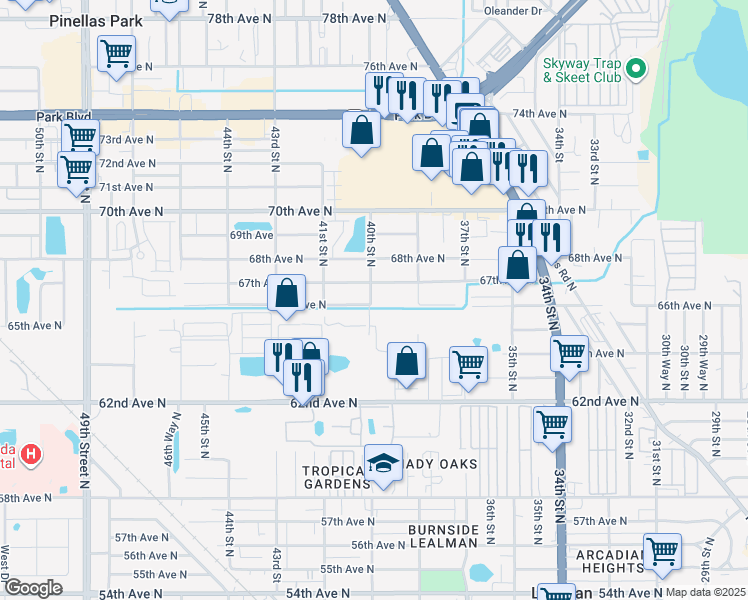 map of restaurants, bars, coffee shops, grocery stores, and more near 3990 67th Avenue North in Pinellas Park