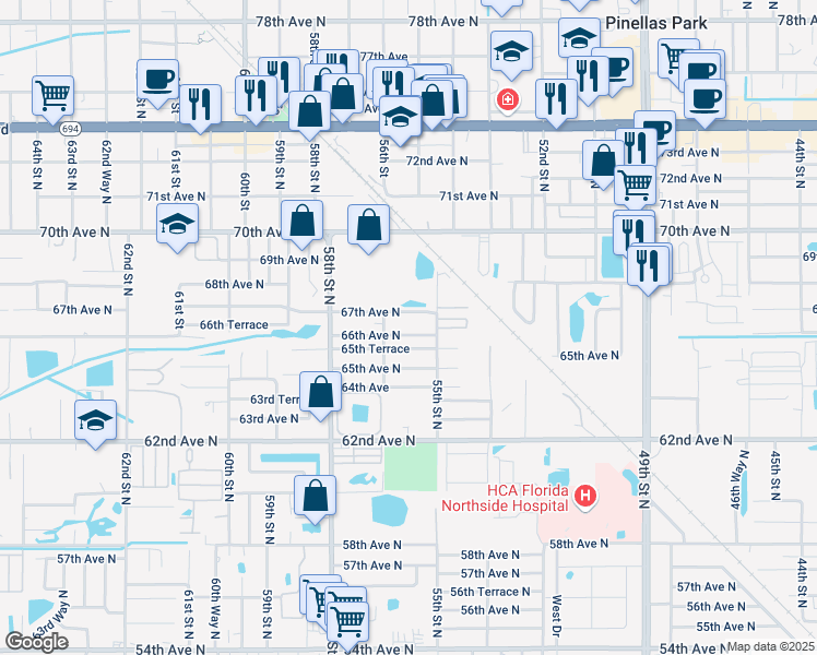 map of restaurants, bars, coffee shops, grocery stores, and more near 5590 67th Avenue North in Pinellas Park