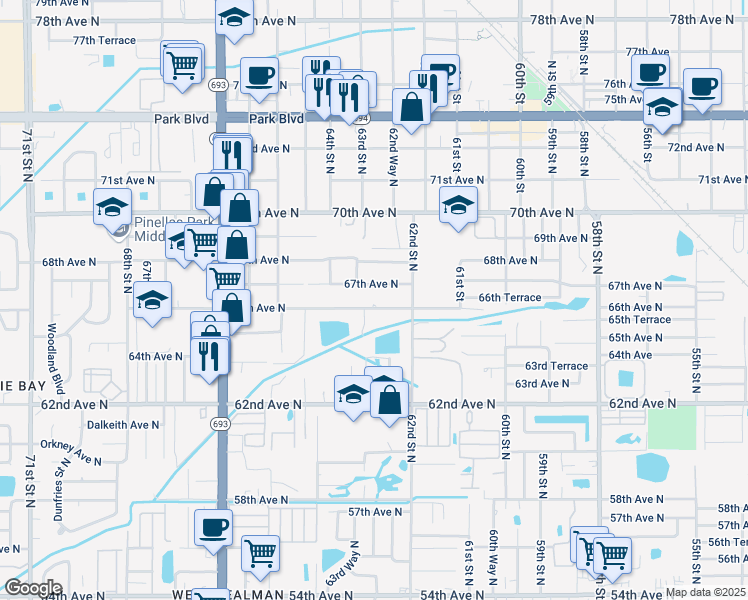 map of restaurants, bars, coffee shops, grocery stores, and more near 6280 67th Avenue North in Pinellas Park