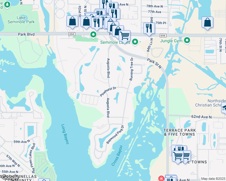 map of restaurants, bars, coffee shops, grocery stores, and more near 8800 Pinehurst Drive in Seminole