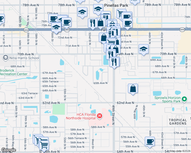 map of restaurants, bars, coffee shops, grocery stores, and more near 6660 50th Street North in Pinellas Park