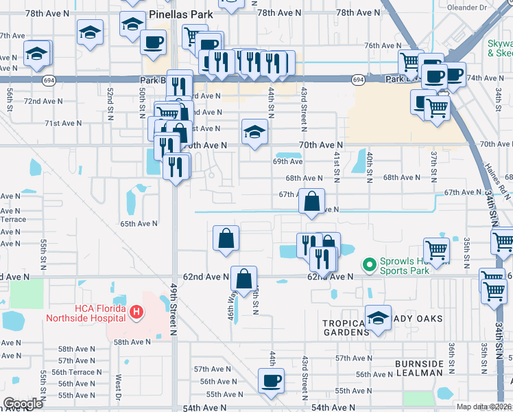 map of restaurants, bars, coffee shops, grocery stores, and more near 4510 67th Avenue North in Pinellas Park