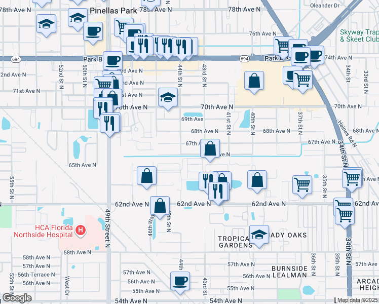 map of restaurants, bars, coffee shops, grocery stores, and more near 4357 66th Avenue North in Pinellas Park