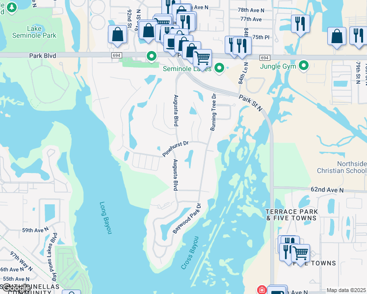 map of restaurants, bars, coffee shops, grocery stores, and more near 8800 Pinehurst Drive in Seminole