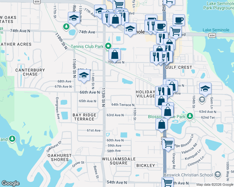 map of restaurants, bars, coffee shops, grocery stores, and more near 11232 66th Terrace in Seminole