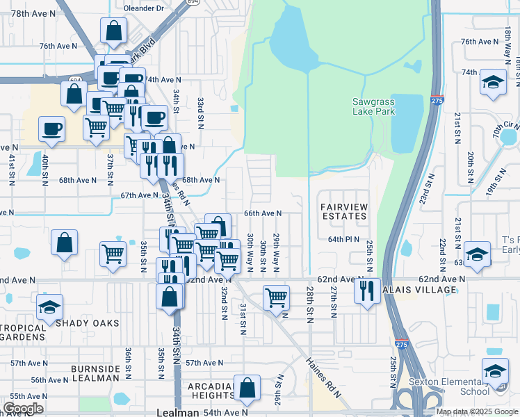 map of restaurants, bars, coffee shops, grocery stores, and more near 3035 66th Avenue North in St. Petersburg