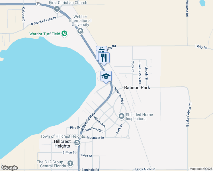 map of restaurants, bars, coffee shops, grocery stores, and more near 815 North Scenic Highway in Babson Park