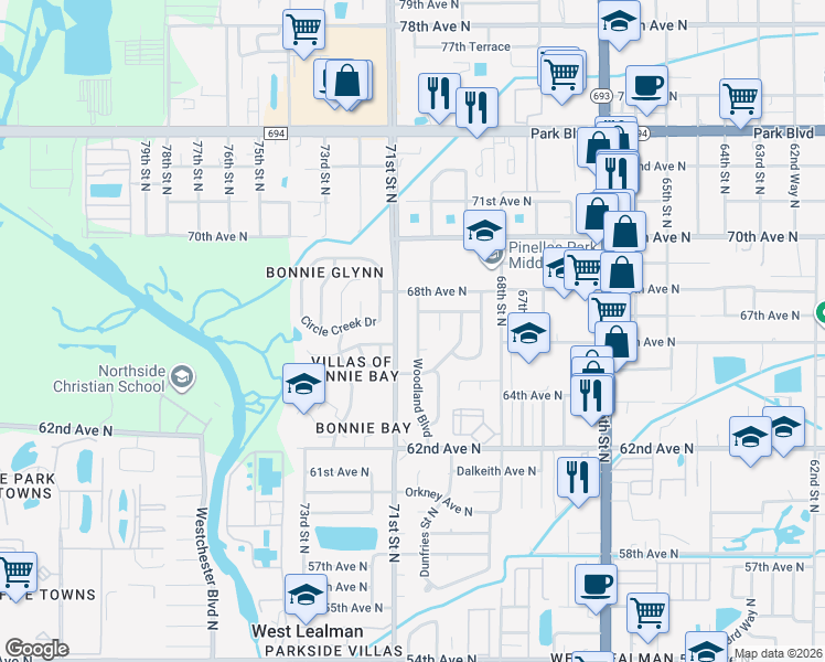 map of restaurants, bars, coffee shops, grocery stores, and more near 6667 Woodland Boulevard in Pinellas Park