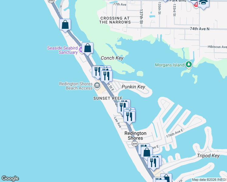 map of restaurants, bars, coffee shops, grocery stores, and more near 220 180th Avenue East in Redington Shores