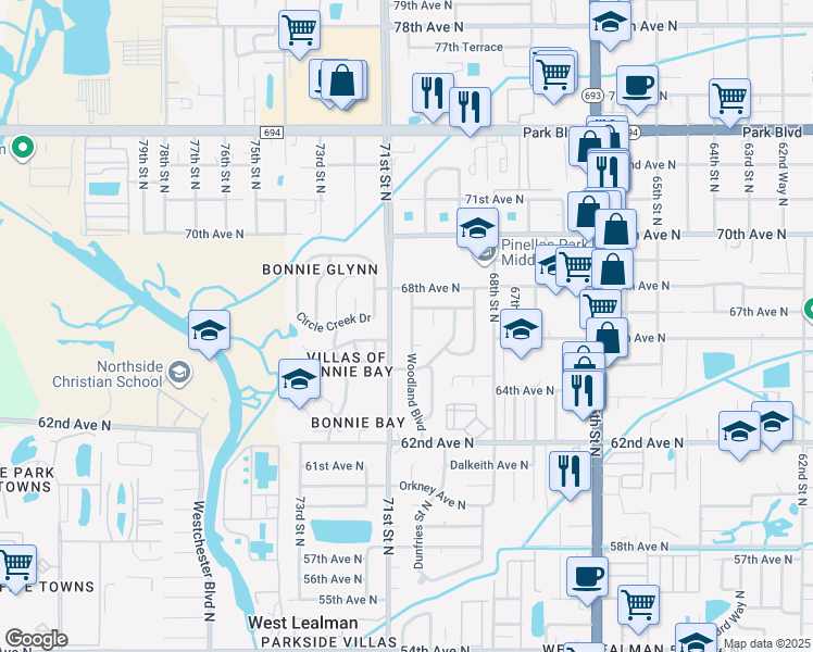 map of restaurants, bars, coffee shops, grocery stores, and more near 6667 Woodland Boulevard in Pinellas Park