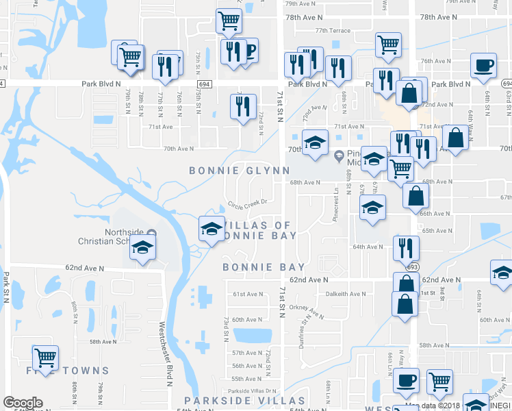 map of restaurants, bars, coffee shops, grocery stores, and more near 6889 Circle Creek Drive in Pinellas Park