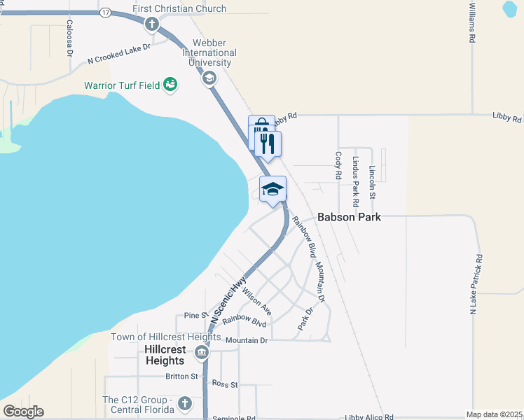 map of restaurants, bars, coffee shops, grocery stores, and more near 815 North Scenic Highway in Babson Park