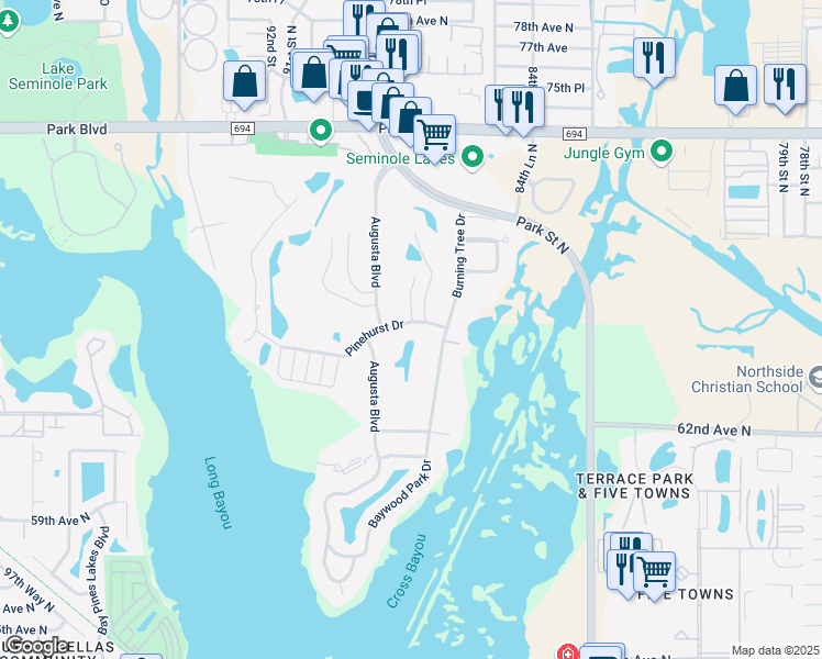 map of restaurants, bars, coffee shops, grocery stores, and more near 8800 Pinehurst Drive in Seminole