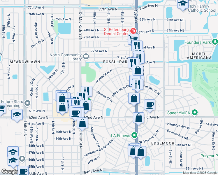 map of restaurants, bars, coffee shops, grocery stores, and more near 663 Northwest Boulevard North in St. Petersburg
