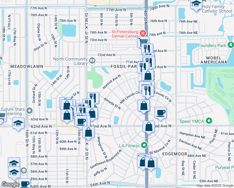 map of restaurants, bars, coffee shops, grocery stores, and more near 663 Northwest Boulevard North in Saint Petersburg