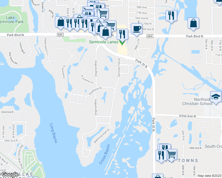 map of restaurants, bars, coffee shops, grocery stores, and more near 8700 Pinehurst Drive in Seminole