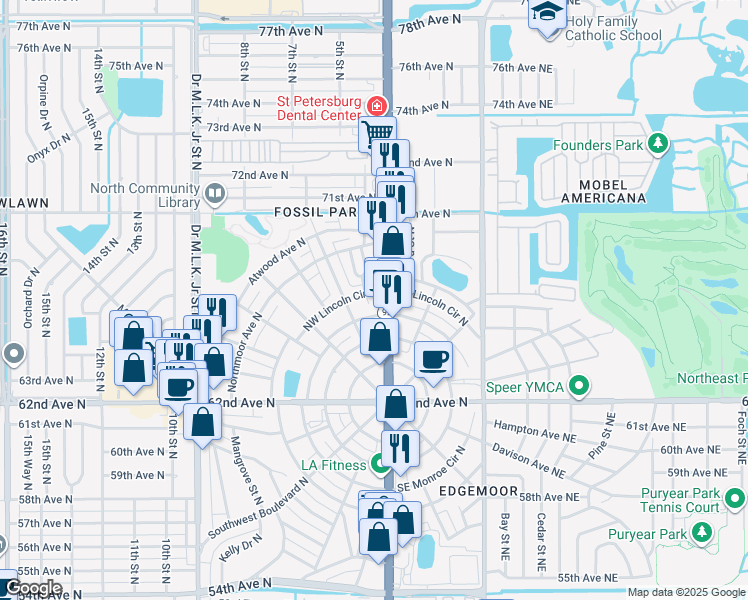 map of restaurants, bars, coffee shops, grocery stores, and more near 6540 4th Street North in Saint Petersburg
