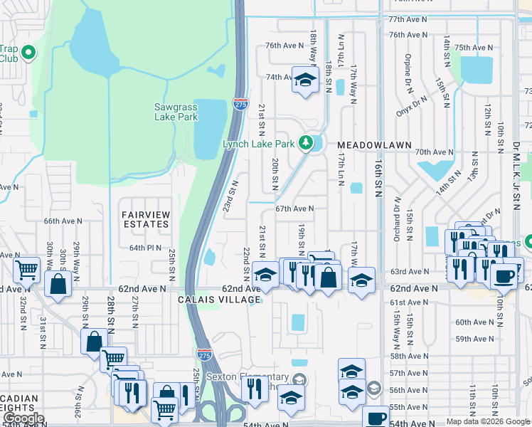 map of restaurants, bars, coffee shops, grocery stores, and more near 2050 67th Avenue North in St. Petersburg