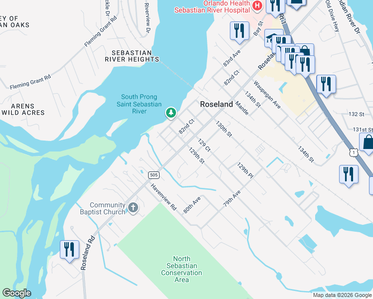map of restaurants, bars, coffee shops, grocery stores, and more near 12880 Roseland Road in Sebastian